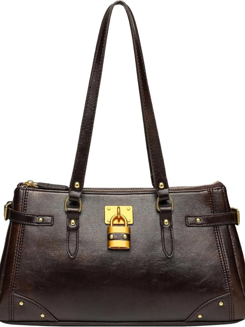 Chic Vintage Structured Shoulder Bag, Dark Brown PU Leather with Gold Lock